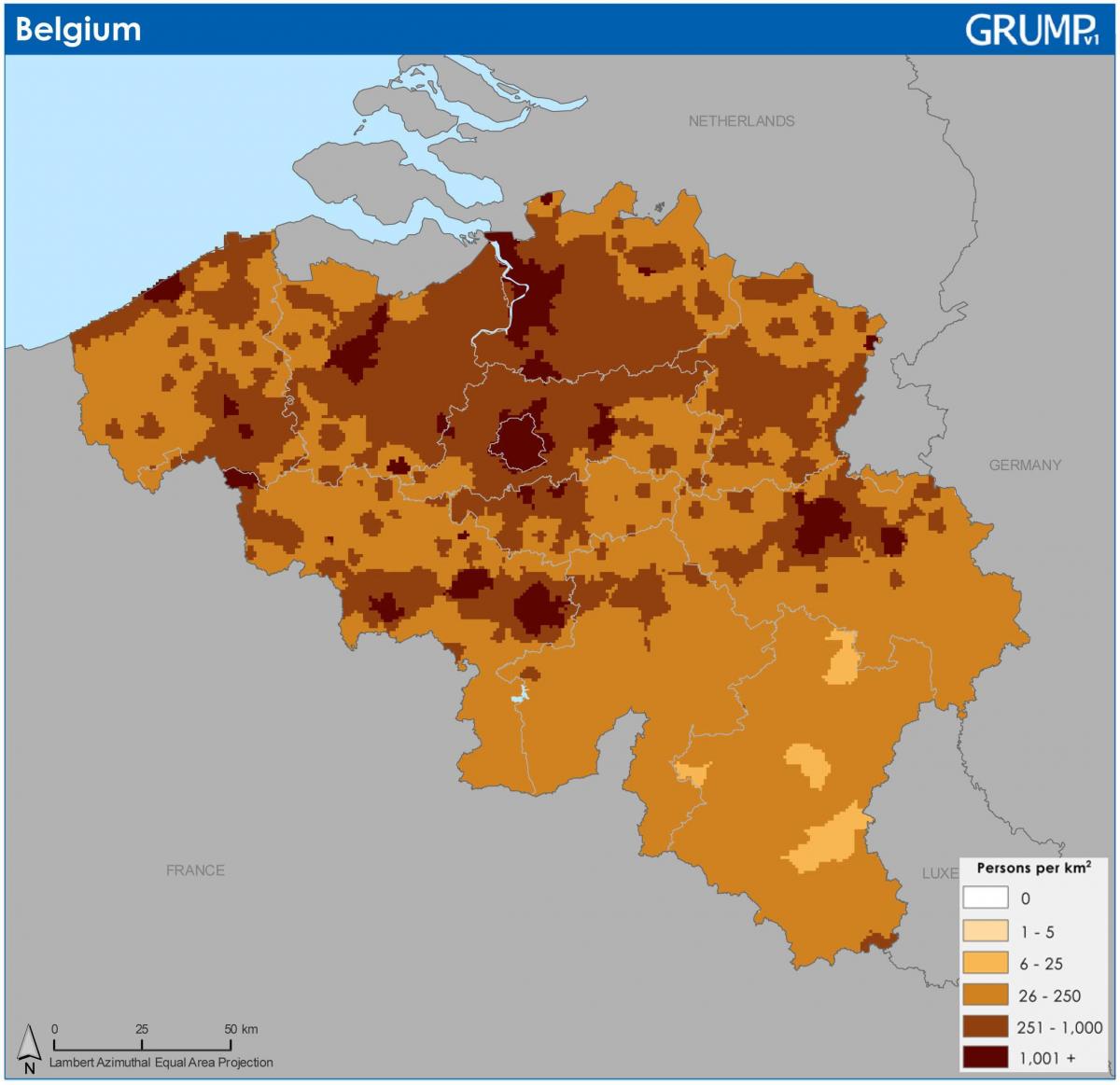 Mapa gęstości zaludnienia Belgii
